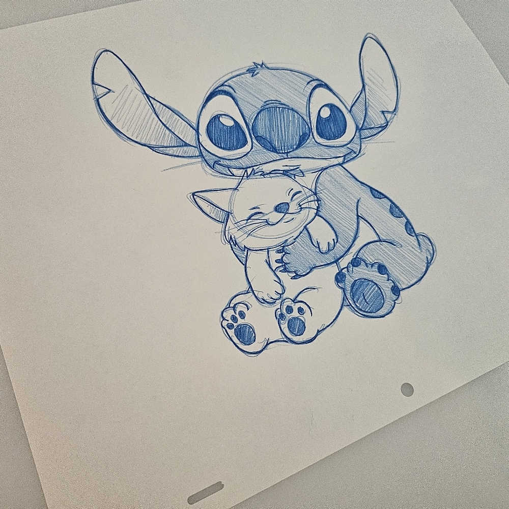 Disney Lilo And Stitch Hugging a Cat Drawing/Sketch Animation Art Signed - Picture 5 of 6